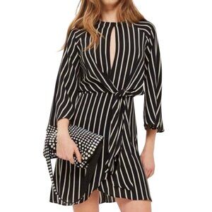 Topshop Monochrome Stripe 3/4 Sleeve Keyhole Knot Front Mini Wrap Dress Sz 2 NWT